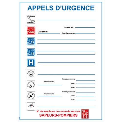 Consigne de sécurité "APPELS D'URGENCE" - Format A4