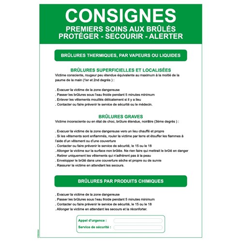 Consigne de sécurité "Premiers soins aux brûlés" - Format A4