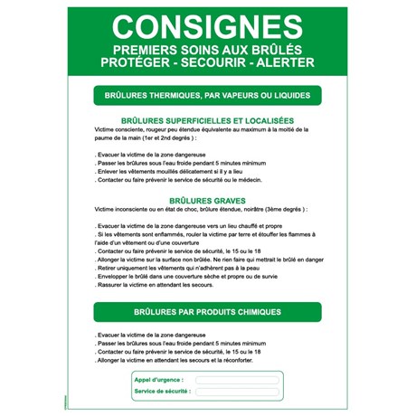 Consignes premiers soins aux brûlés - Format A4