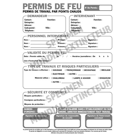 Permis de feu - Liasse de 50 formulaires en 3 exemplaires