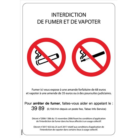 Panneau "Interdiction de fumer et vapoter" - Format A4