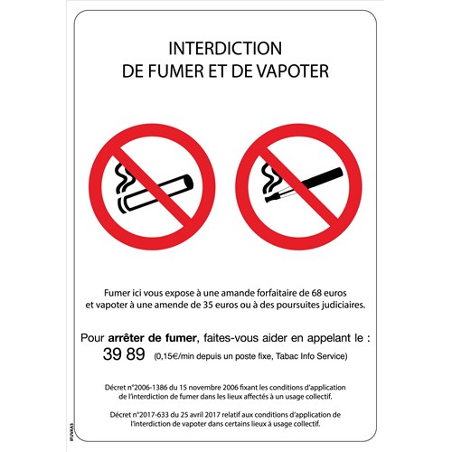 Panneau "Interdiction de fumer et vapoter" - Format A5