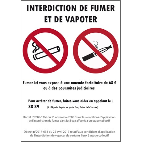 Sticker "interdiction de vapoter et de fumer" Format A4