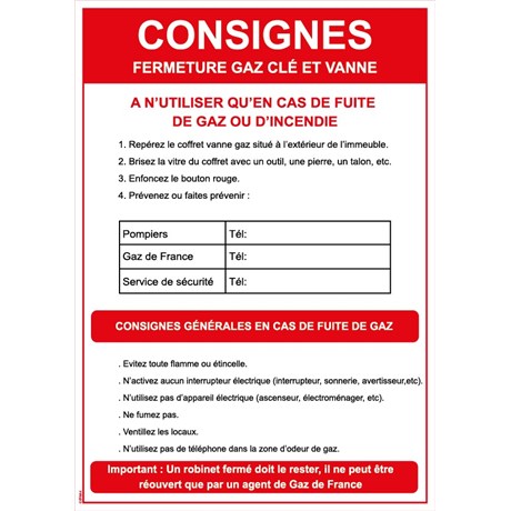 Consignes clé fermeture gaz - Format A4