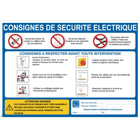 Consignes de sécurité électrique - Format A4