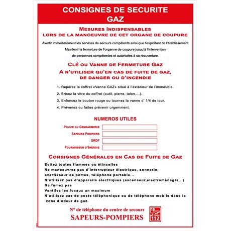 Consignes de sécurité gaz - Format A4