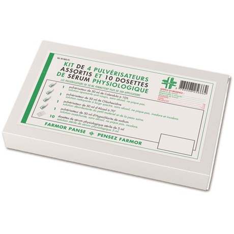 Kit de 4 pulvérisateurs et 10 dosettes de sérum physiologique stérile